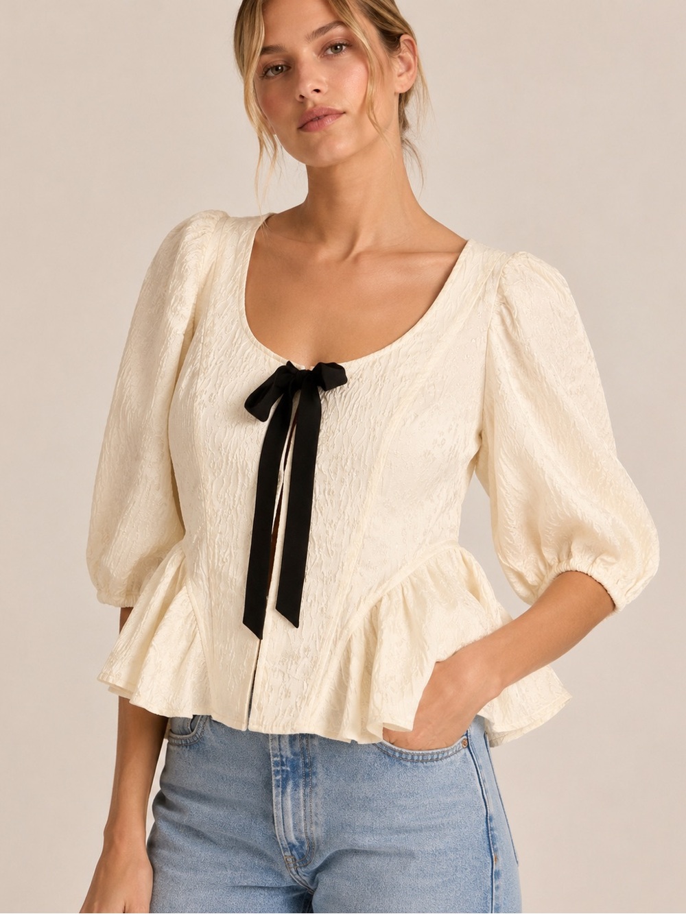 NWT Free People Ivory Jacquard Peplum Bow Blouse Puff Sleeve M - Picture 1 of 3